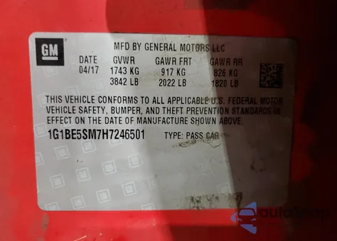 2017 Chevrolet Cruze Lt z USA, uszkodzony, nr VIN 1G1BE5SM7H7246501